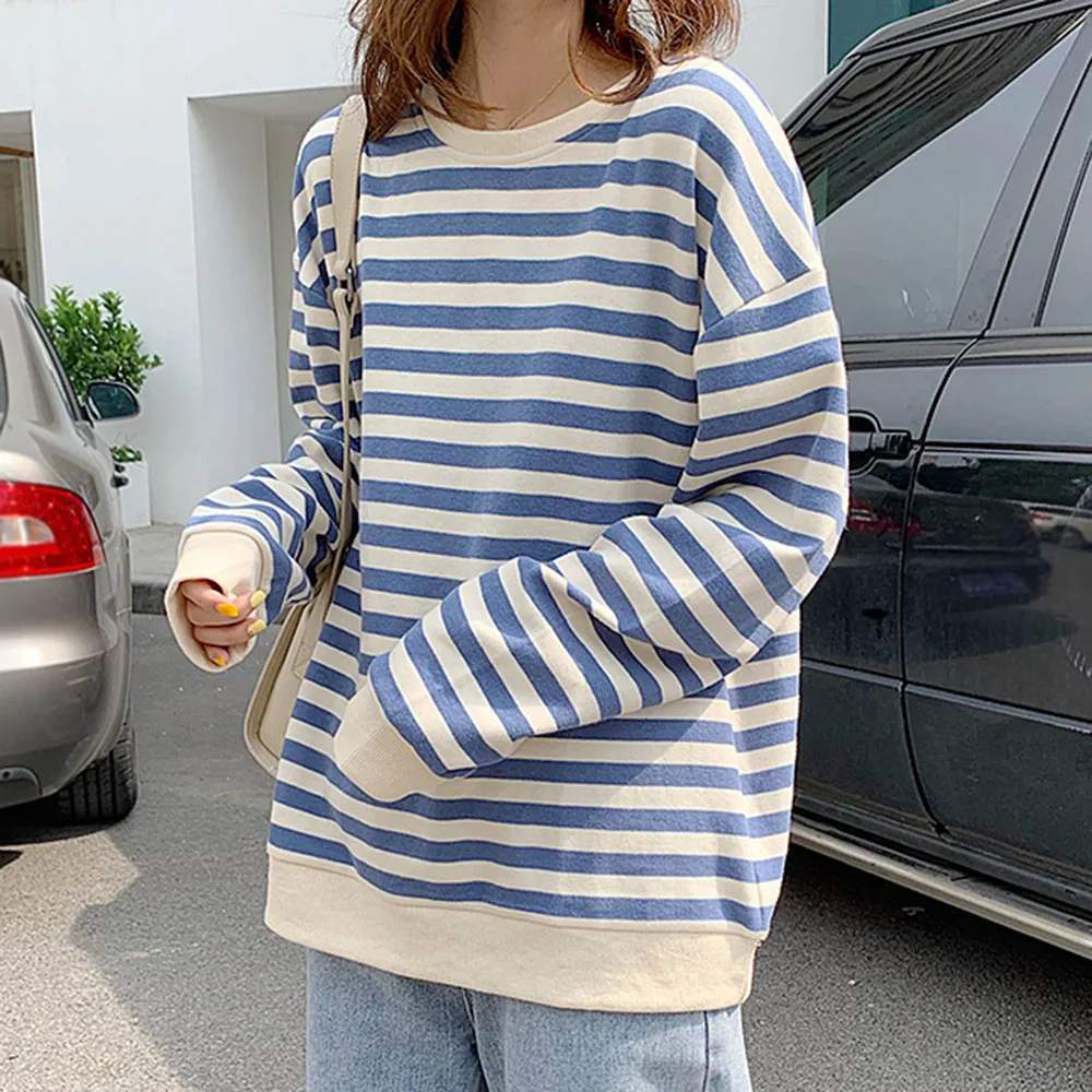 

Women Stripe Hoodies 2020 Autumn Fashion Long Sleeves O-Neck Black Blue Casual Loose Girl's Tops Loose Korean Style Hoodies