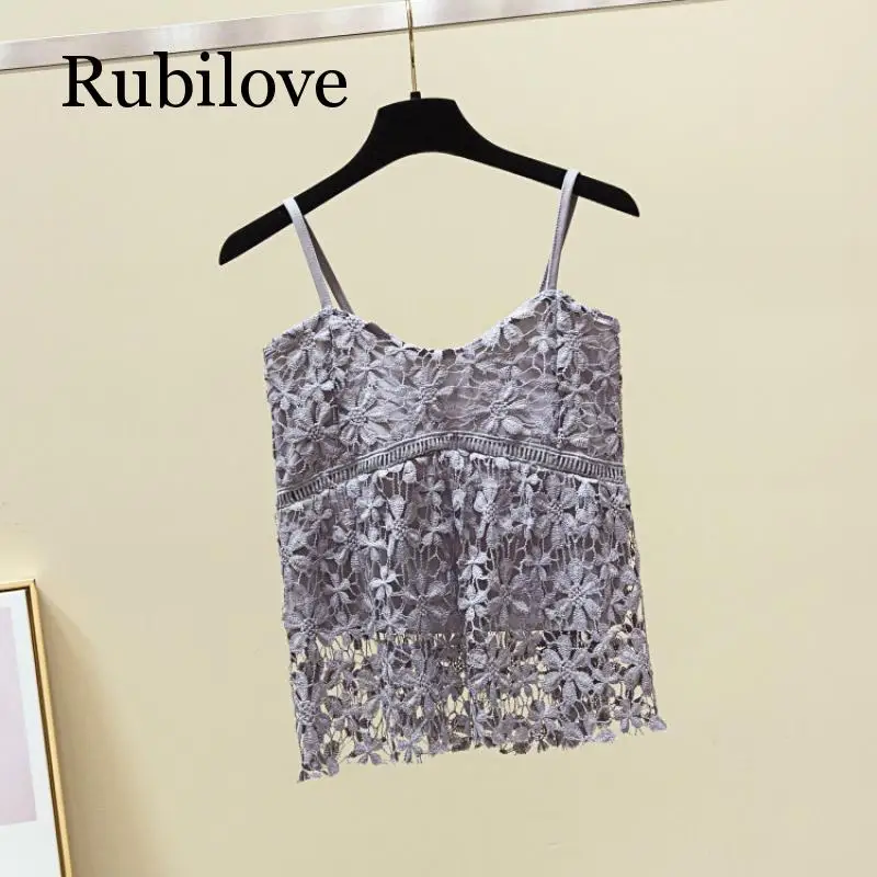 Rubilove Women Spaghetti Strap Tank Top Summer Sexy Slim Floral Lace Vest Hollow Out Elegant Tops Ladies Sleeveless Short Shirts