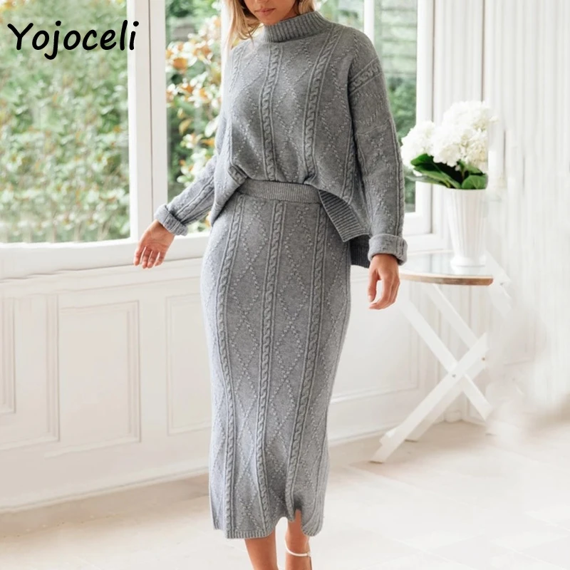 Осенне зимнее теплое вязаное платье Yojoceli 2019 Женский комплект из двух частей с