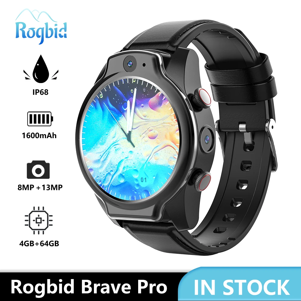 - Rogbid Brave Pro 4G LTE Global Smart Watch Phone Android 10 4GB 64GB 1600mAh WIFI GPS 13MP Camera IP68 Waterproof Smartwatch Men