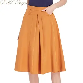 

Belle Poque Spring Summer Female Pleated Skirt Midi Skirts High Waist Solid Ladies Office Skirt Elegant A Line Skirt With Pocket
