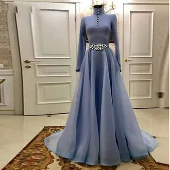 

Hot Sale Blue Crystal Ruched A-line Evening Dresses Simple Long Sleeve High Neck Floor Length Prom Gown robe de soiree