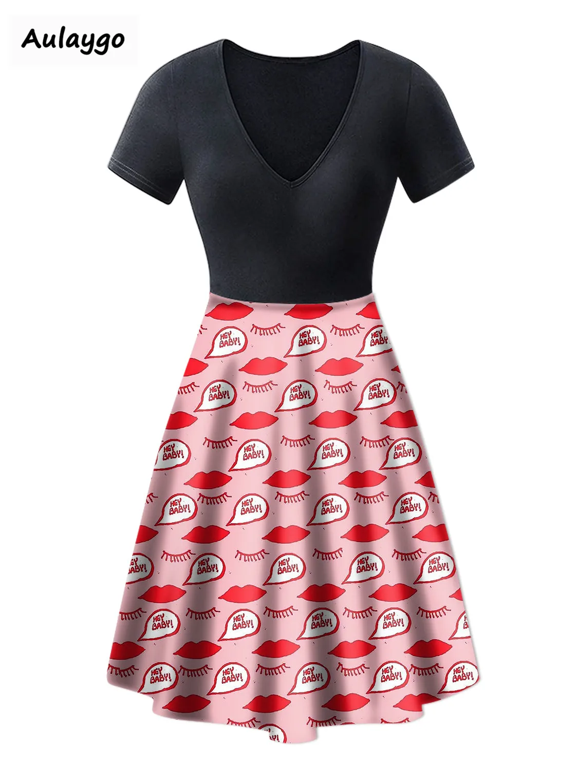 

Women Dresses Summer 2020 Sexy V Neck Red Lips Print Beach Dress Short Sleeve Dress Ladies Fashion Roupas Feminina