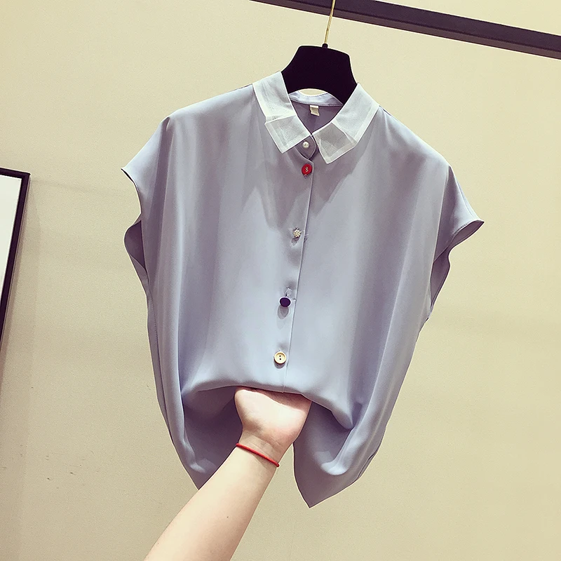 

2019 summer new chiffon women blouse and shirts sleeveless solid turn-down collar solid office lady elegant shirts outwear tops