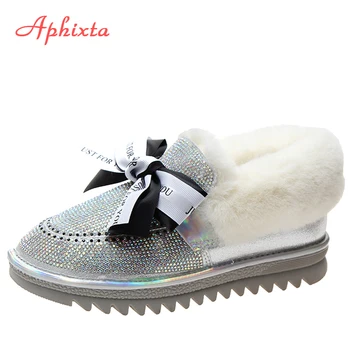 

Aphixta Bling Crystal Warm Snow Boots Women Bow-knot Colorful Sequined Cloth Rhinestones Diamonds Winter Plus Fur Shoes Woman