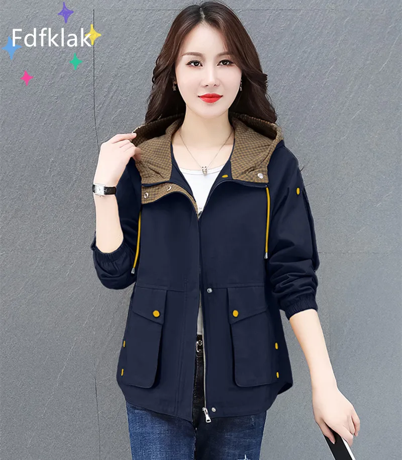 Fdfklak Trench Coat Women Spring Autumn Hoodies Jacket Plus Size Zipper Students Baseball Clothes Medium Length Windbreaker Coat