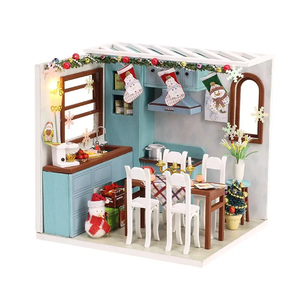 

Christmas Puzzle Toy Parlor Bedroom Kitchen Toys 3D DIY Wooden Miniature Dollhouse with Dustproof Sheet Children Gift