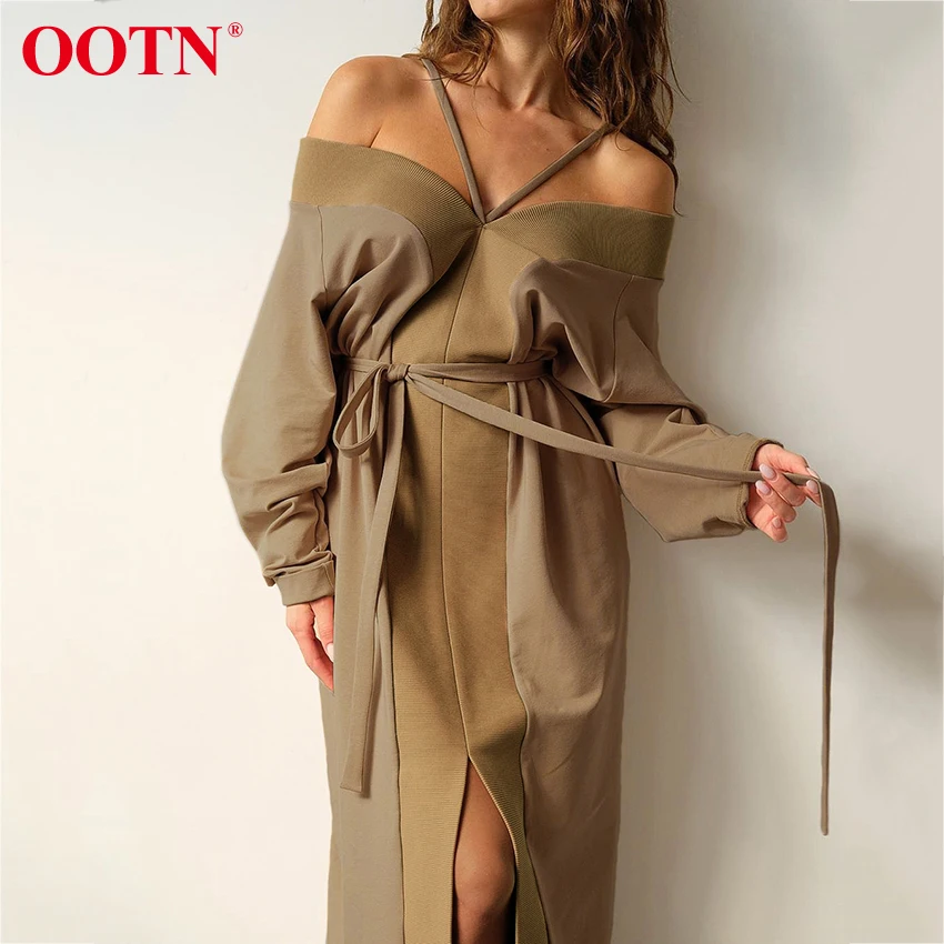 Женское трикотажное платье с открытыми плечами OOTN Осеннее длинное цвета хаки