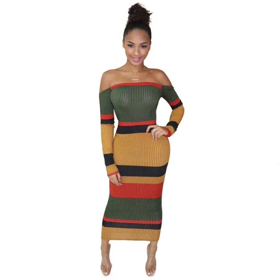 

Casual Striped Knit Rib Long Dress Women Sexy Backless Off Shoulder Long Sleeve Bodycon Women's Dress Night Club Party Dress