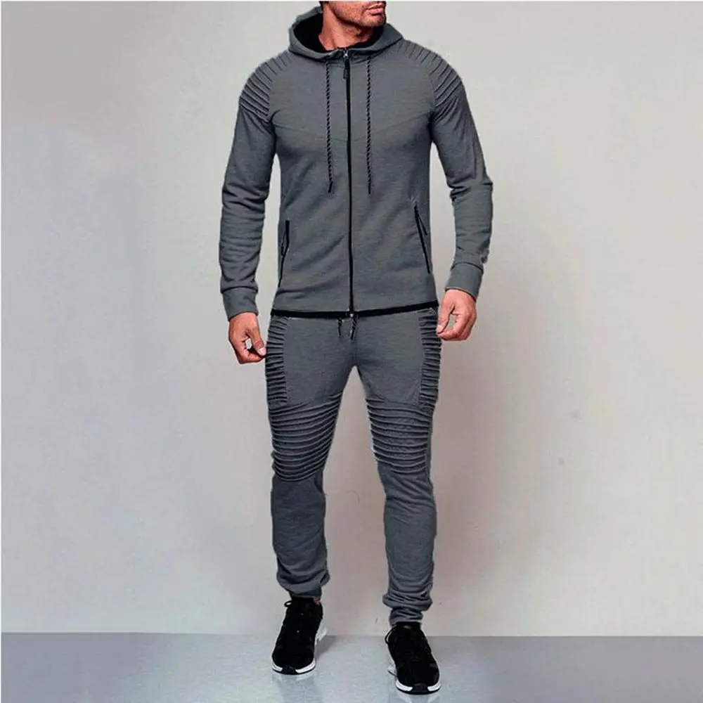 Dark grey Спортивный костюм из 2 предметов для мужчин; сезон осень-зима; толстовка с капюшоном; брюки; мужские полосатые Лоскутные толстовки; повседневный комплект одежды - Цвет: Dark grey