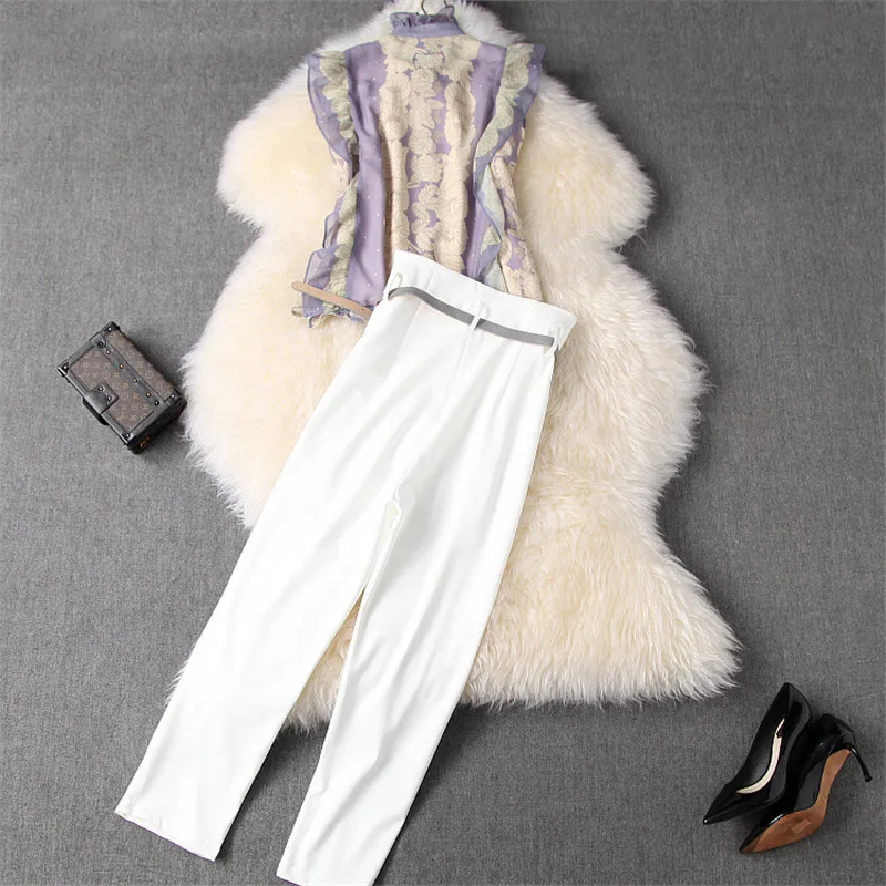 Женский Повседневный костюм с оборками топ бантом на воротнике и брюки комплект