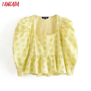 

Tangada women ruffle emboridery crop shirts long sleeve solid elegant office ladies work wear blouses 3H380