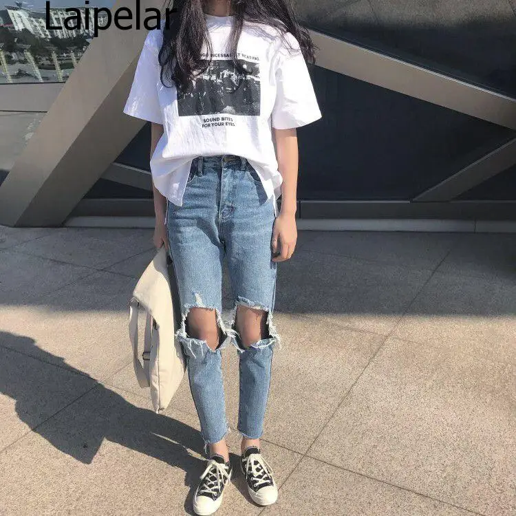 Jeans Denim Women Holes Zipper Pockets Straight Retro Casual Womens Slim High Waist All-match Vintage Chic Korean Style Daily | Женская