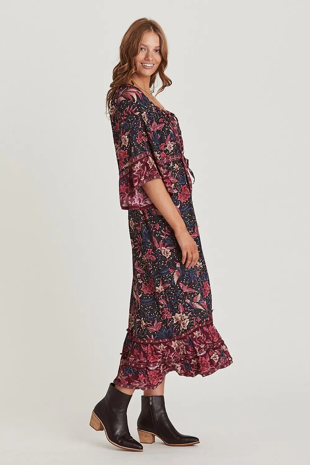 

Ethnic Style Viscose Dress Bohemia Maxi Mandarin Sleeve Holiday Dress