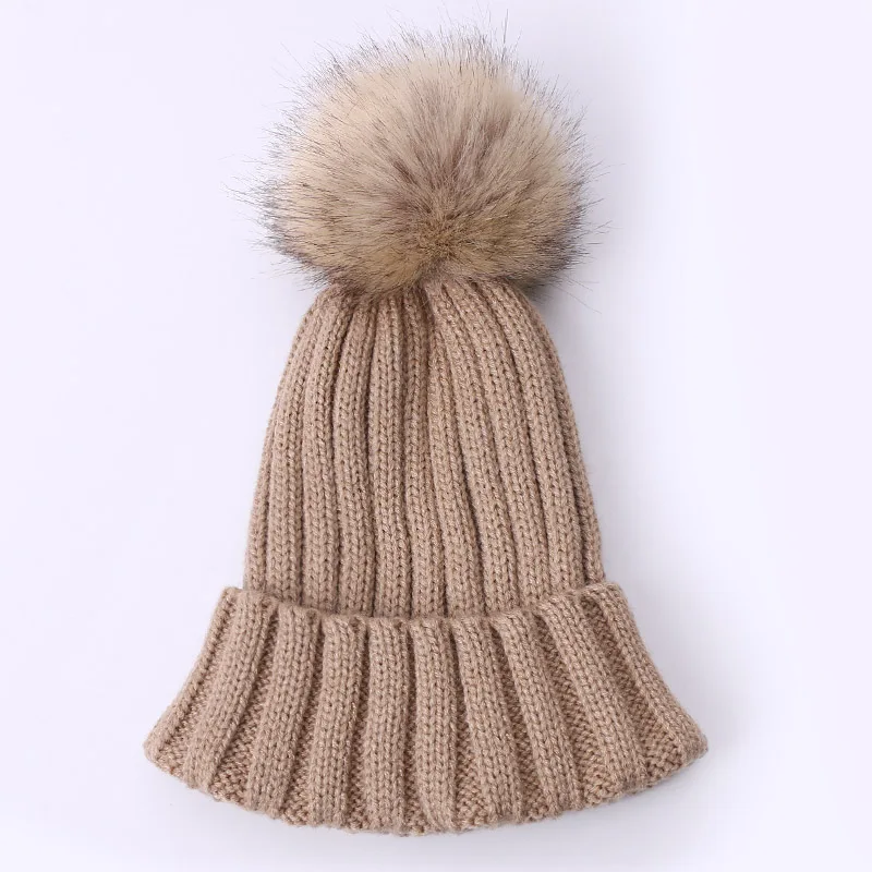 Зимняя вязаная детская шапка из искусственного меха с помпонами, уличная теплая плотная Лыжная шапка для детей, одноцветная мягкая шапка высокого качества - Цвет: D