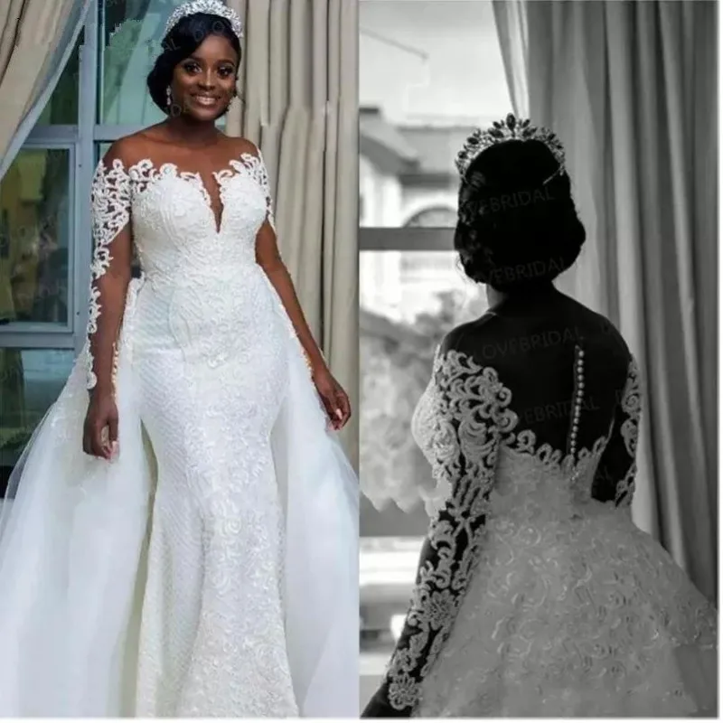 

South African Mermaid Wedding Dresses Detachable Overskirt Sheer Neck Off Shoulder Long Sleeves 2019 Bridal wedding Gowns