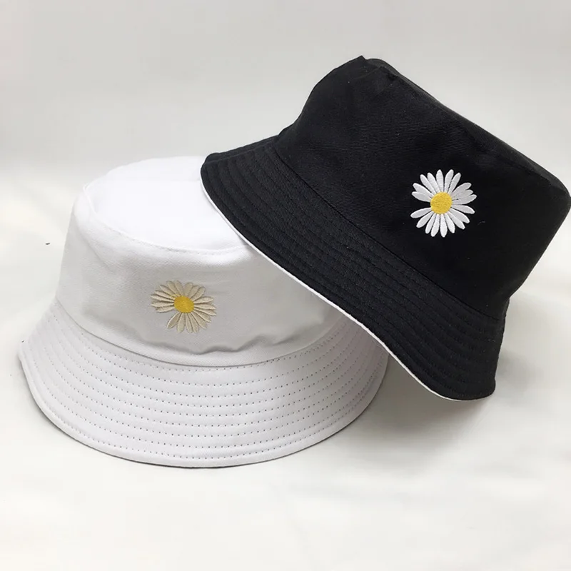 Summer Sun Hat Reversible Bucket Caps Women Fishing Outdoor Hip Hop Sunscreen Daisy Embroidery Fisherman Beach Panama Hat female bucket hat