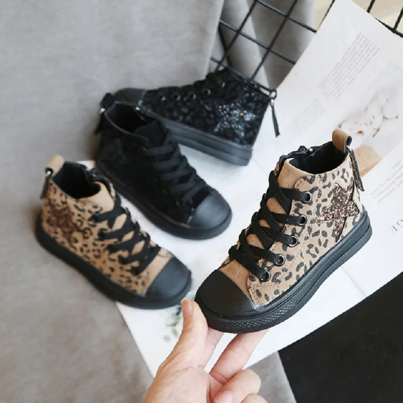 

Autumn Small And Medium Sized Childrens Leopard Pattern Board Shoes Childrens High Top Canvas Shoes Girls Soft Sole Casual Shoes