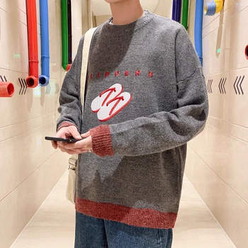

Winter Sweater Men Warm Fashion Cartoon Embroidery Casual Knit Pullover Man Wild Loose Long-sleeved Sweater Male Clothes M-2XL