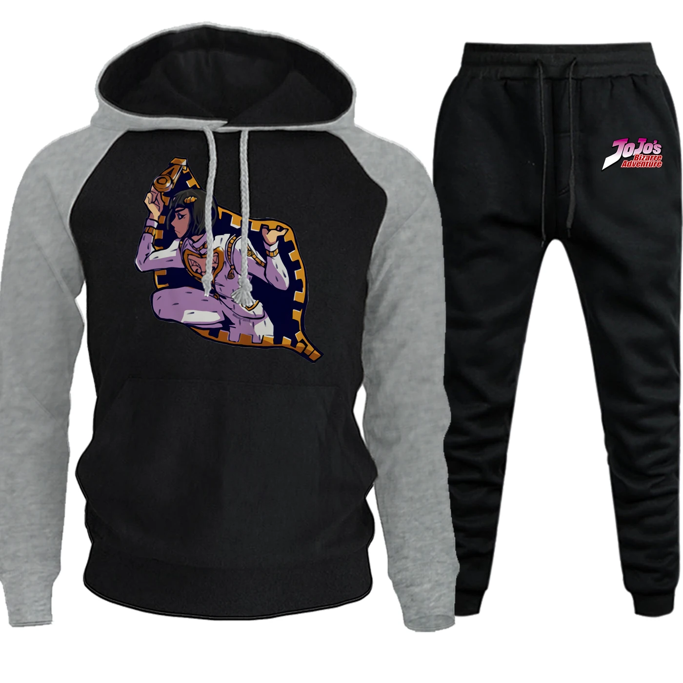 JoJo Необычные Приключения Новые Осень Зима толстовки мужские толстовки с рукавом реглан мужской костюм забавный флис с капюшоном+ брюки комплект из 2 предметов - Цвет: gray black6