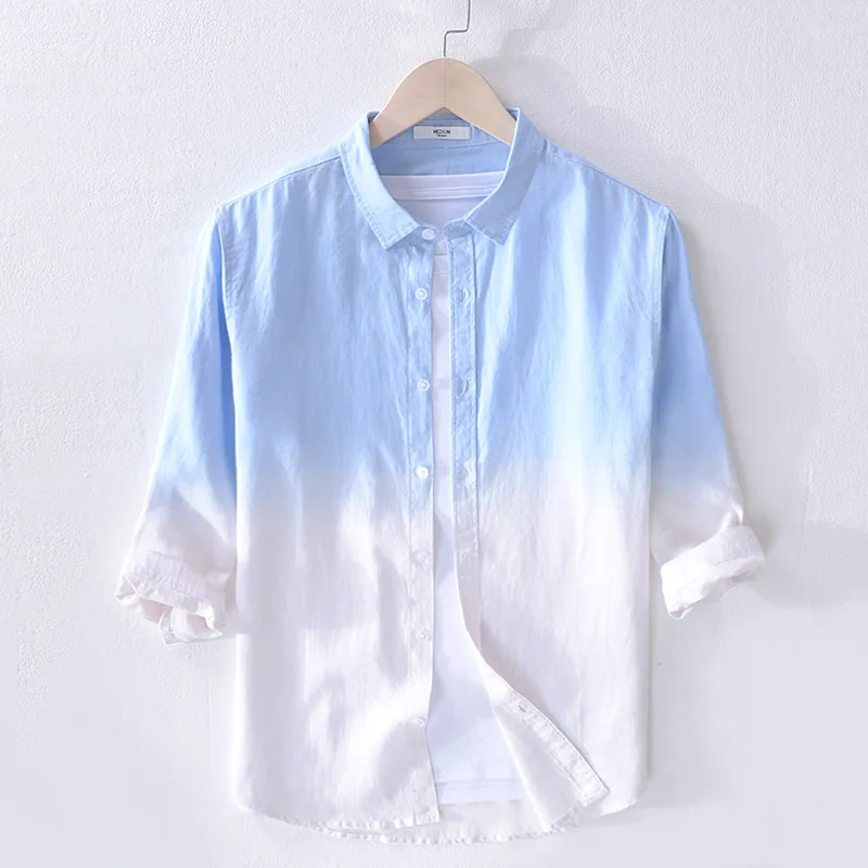 

2019 New Style Men'S Wear Gradient Color Pure Linen Solid Color Fold-down Collar Casual Three-quarter-length Sleeve MEN'S Shirt