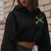 InsGoth черная свободная толстовка с принтом букв для женщин готический панк уличная укороченный топ толстовки с капюшоном Женский пуловер