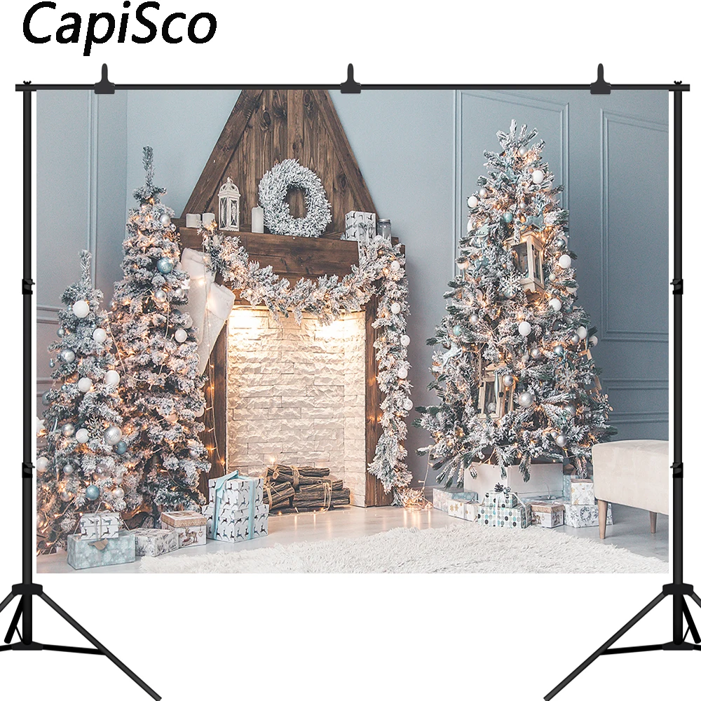 

Capisco Merry Christmas Photography Background xmas Tree Gift Fireplace Gift box Wreath Backdrop Photo Studio props