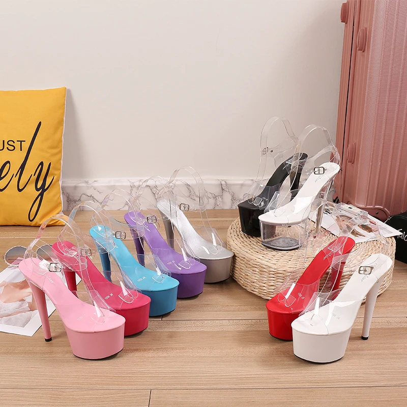 Walking Show Stripper Heels Clear Shoes Woman Platforms High Heels Sandals Women Sexy Big Yard Fish Mouth Shoes New Crystal