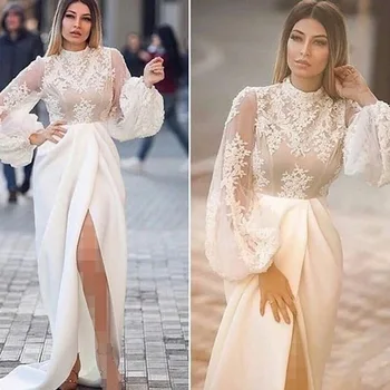 

White Muslim Evening Dress High-Neck High Slit Lace Mermaid Islamic Dubai Saudi Arabic Long Elegant Evening Gown Long Prom Dress