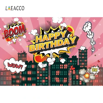 

Laeacco Baby Birthday Backdrops for Photography Pink Sky Clouds Buildings Boom Zip Superhero Photo Backgrounds For Photo Studio