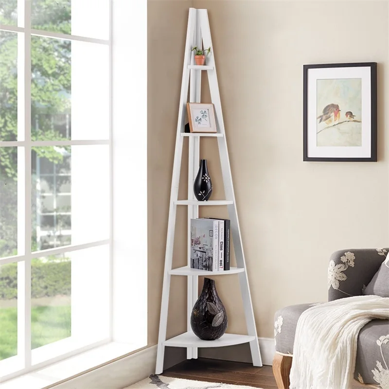 cheap 5 Tier Floor Corner Stand Ladder Shelves Bookshelf Round Shelf Board Stable Three legged Structure Utility Cabinet HW60327