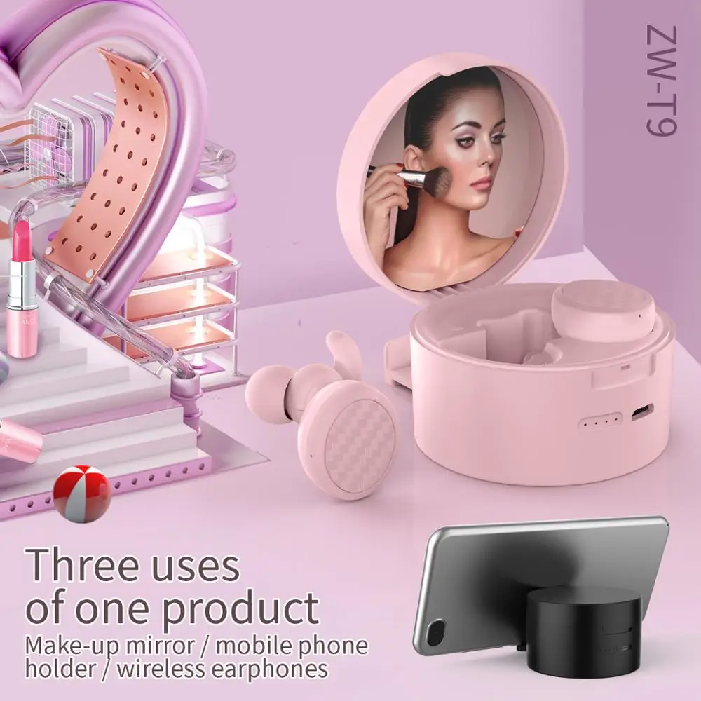Private Model T9 Wireless Bluetooth Tws Creative Color Matching Mirror Wireless Music With Mobile Phone Holder Earphone