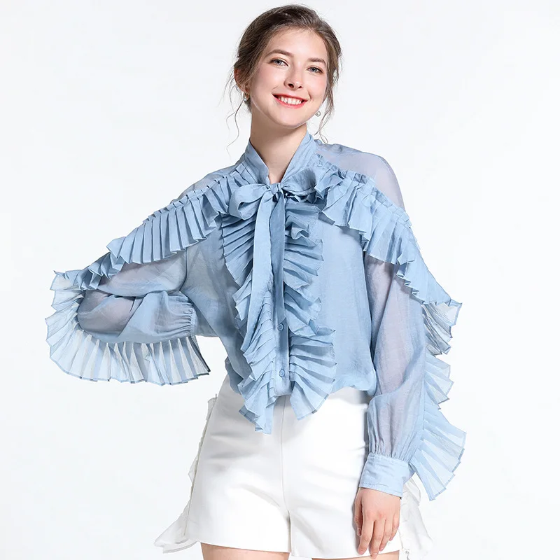 

Spring 2019 Women's Pleated Ruffles Bow Collar Shirts Sweet Long Sleeve Solid Loose Blouses Sexy Tops Jc2724