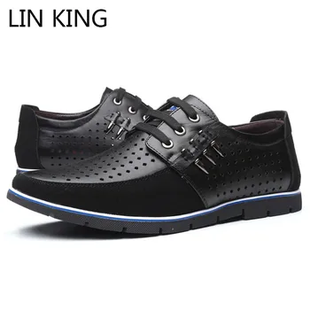 

LIN KING Large Size 38-48 Men Leather Casual Shoes Breathable Hollow Out Flats Male Loafers Shoes Non Slip Summer Shoes For Man