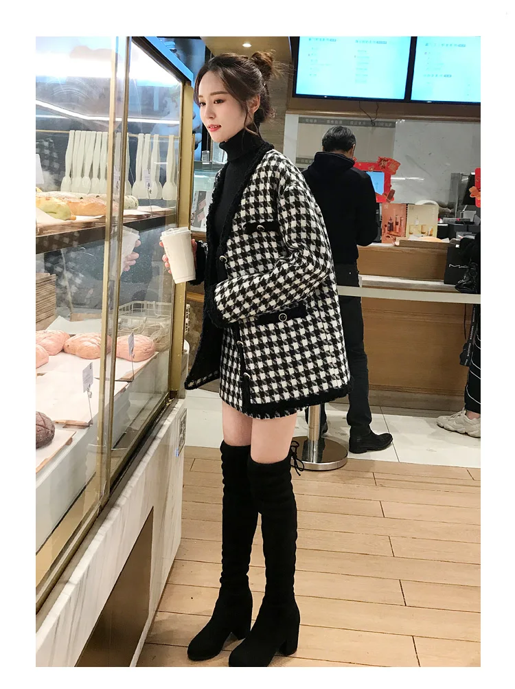 Black/white plaid tweed jacket+ skirt suit autumn / winter women's wool coat jacket houndstooth hip ladies 2 piece skirt suit