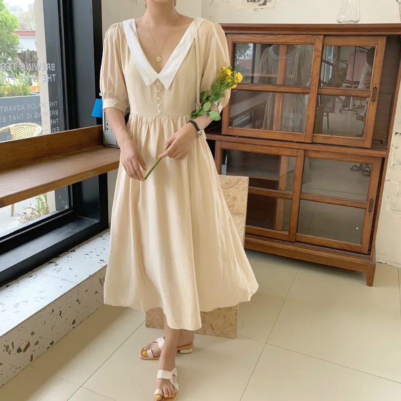 

women dress French retro elegant two-faced dress A-Line Vintage Mid-Calf skirt Lantern Sleeve vintage leisure chic elegant