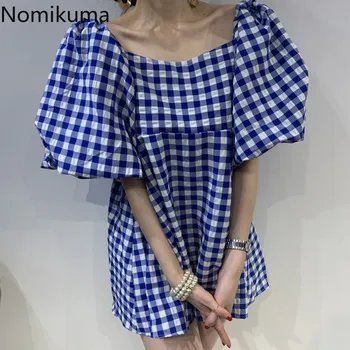 

Nomikuma Vintage Plaid Women Dress High Waist Causal Puff Short Sleeve Dresses 2020 Summer Square Collar Backless Vestido 6A610