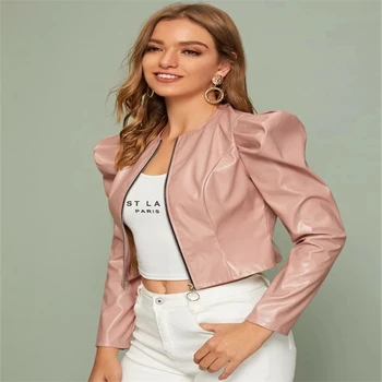 

Women Zip Up PU Leather Jacket Leg-of-mutton Long Sleeve Cropped Coat Solid Color Outfit for Autumn Winter Outwear