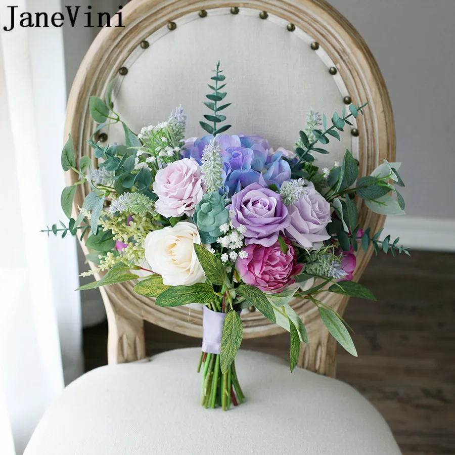 

JaneVini Newest Design Purple Wedding Bridal Bouquets ramo peonias artificial Hydrangea Roses Peony Green Leaves Bride Flowers