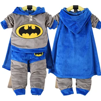 

Baby boy clothes new thick warm velvet leisure hooded two-piece suit baby girl Batman Spiderman cartoon printed baby show suit