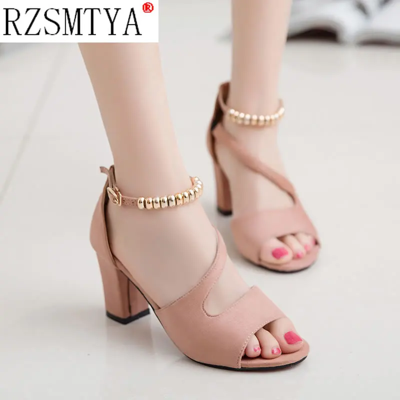 Fashion Women High Heel Sandals Sexy Open Toe Shoes Women Ankle Strap Sandals Metal Beading Thick Heels Footwear Size 42 women high heels platform high heels sandals ankle buckle sandals
