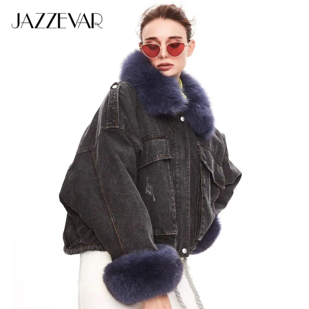 JAZZEVAR Зима новое поступление джинсовая куртка женская свободная одежда верхняя одежда с меховым воротником высокое качество зимная женская куртка W9086
