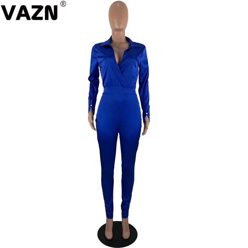 VAZN MOY5136 Bright Rose Red Solid Bodycon Long Pants Sexy Women Jumpsuits Tide V- Neck Long Sleeve Tracksuits Long Romper