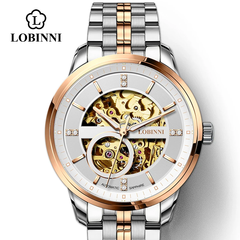 LOBINNI Japan MIYOTA Move Мужские t часы, мужские автоматические механические часы, роскошные часы, прозрачные скелетоны, мужские часы с Чайкой - Цвет: Silver-Rose