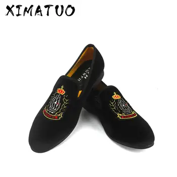 

New Style Men Blue Velvet Shoes Embroidery Crown Fashion Party and Banquet Male Dress Shoes Plus Size Men's Loafers