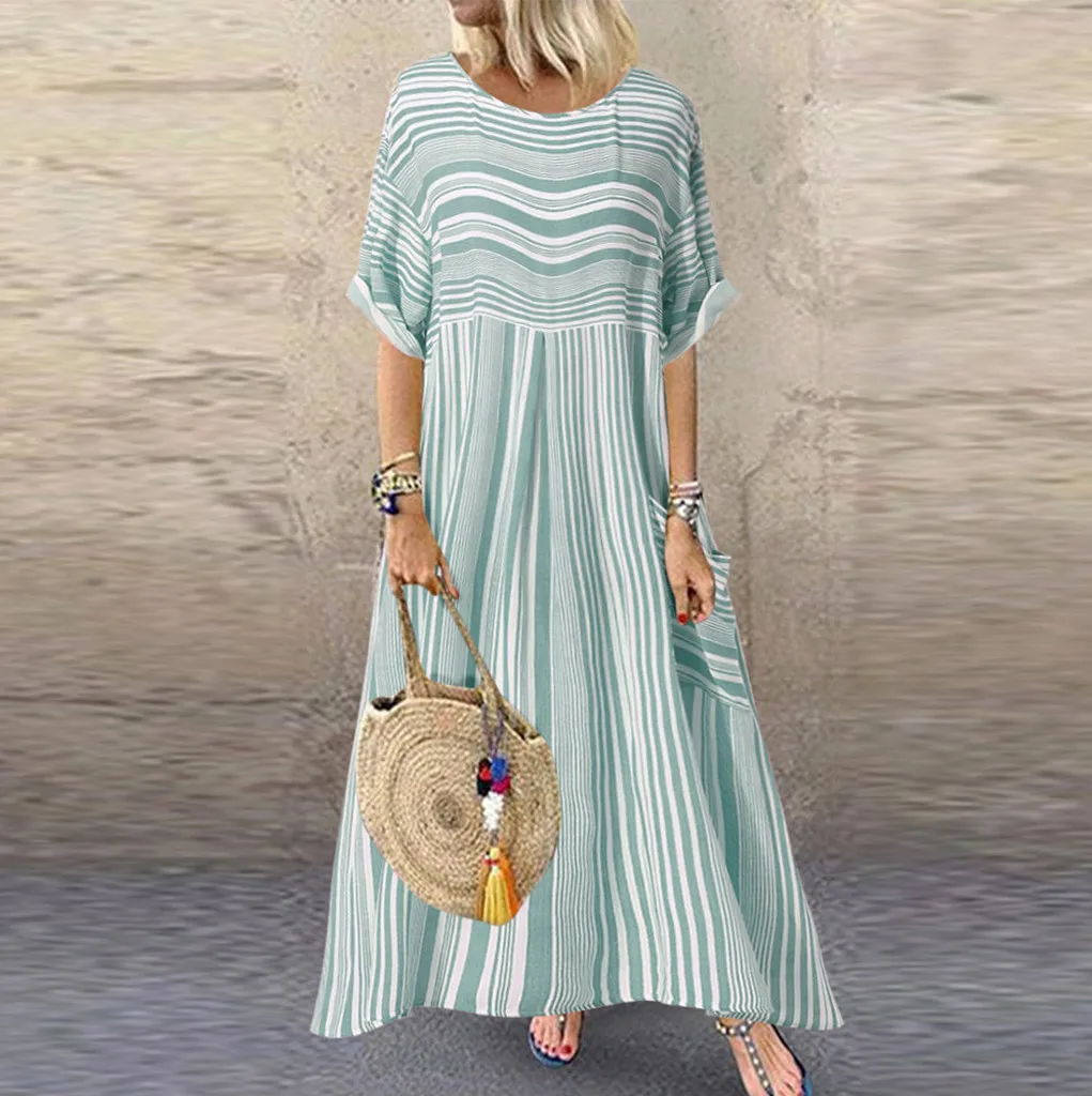 

Bohemian Long Dress Summer Women Maxi Dresses Casual Striped Short Sleeve O-Neck Ladies Pocket Evening Wedding Party Night Dress