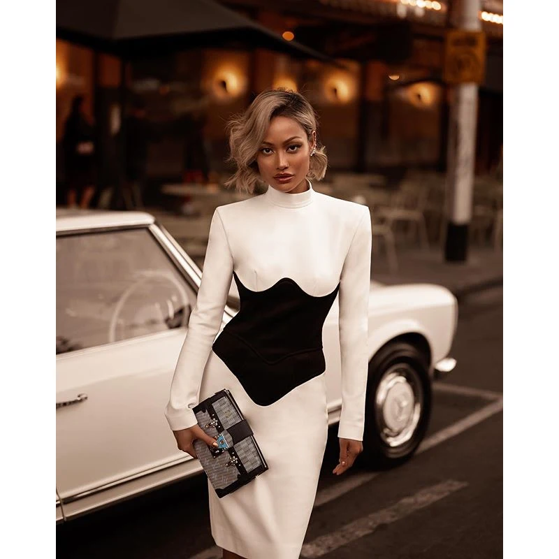 2020 Winter  Women's Bandage Dress Sexy O-Neck Long Sleeve Knee length Dress Fashion Stitching Tight Club Nightclub Party Dress