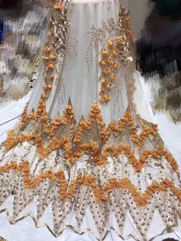 

African Material 3D Appliqued Lace Fabric For Wedding 2019 Gold Nigerian French Lace Fabric High Quality Embroidery Guipure Lace