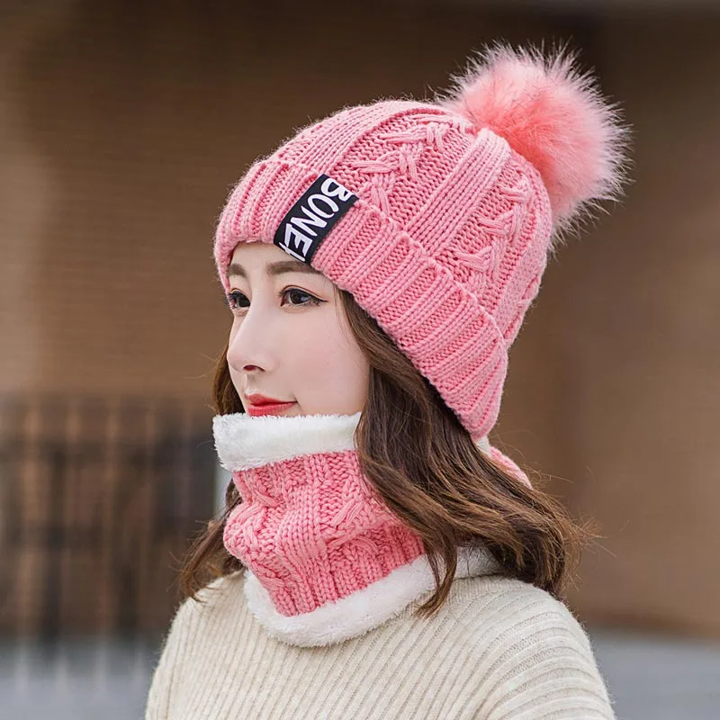 pink Hat and scarf Зимние шапки для женщин, шарф и шапка, набор, вязаные шерстяные теплые шапки, кольца, шарфы, унисекс, помпон, шапка, шарф, Женский комплект, шапка - Цвет: pink Hat and scarf