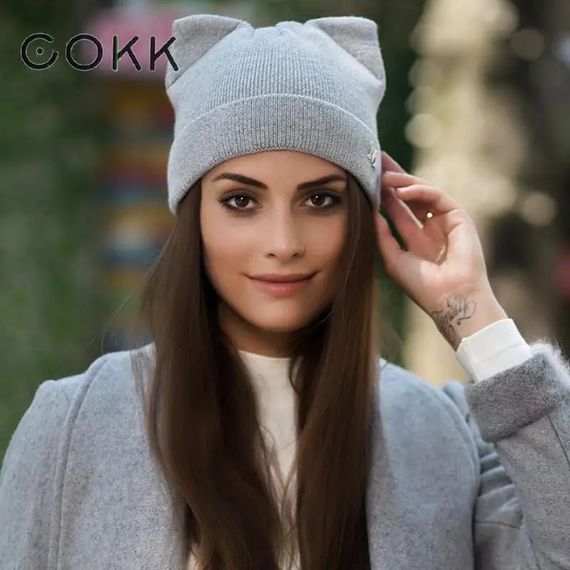 

COKK Autumn Winter Hats For Women Cat Ears Skullies Beanies Hats with Ear Flaps Caps Ladies Beanies Bonnet Cute Hat Female New